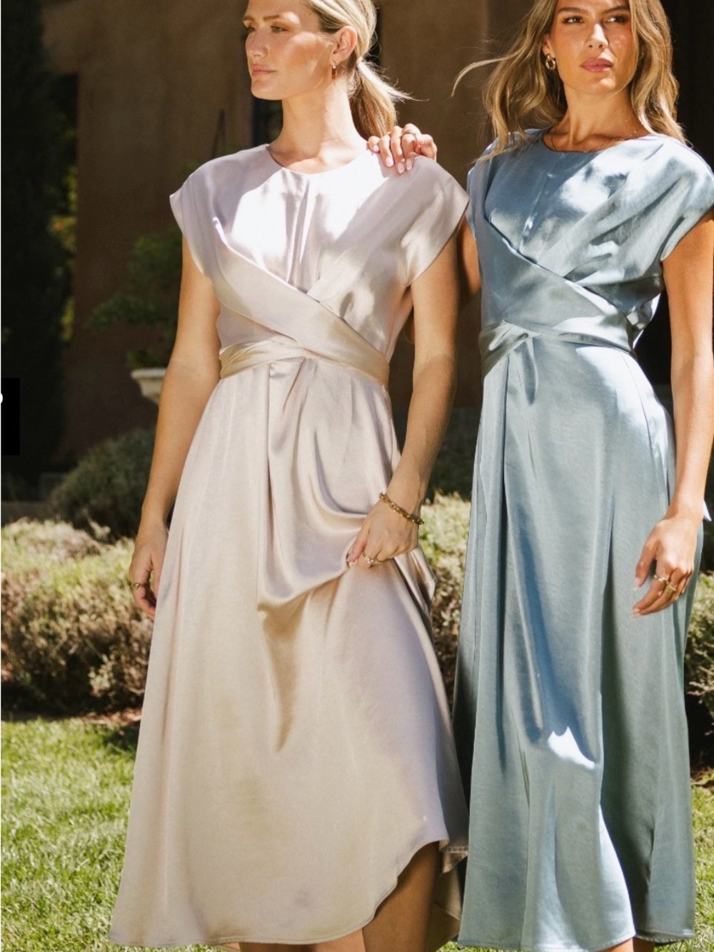 bohme Satin Wrap Midi Dress in Champagne and Pale Blue